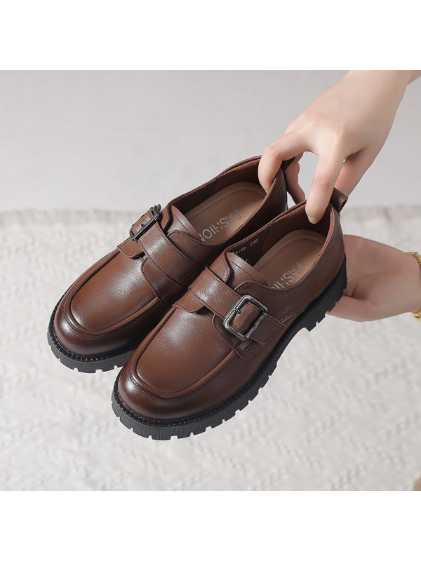 真皮英伦风小皮鞋女2025春新款厚底软底小码复古百搭皮带扣乐福鞋