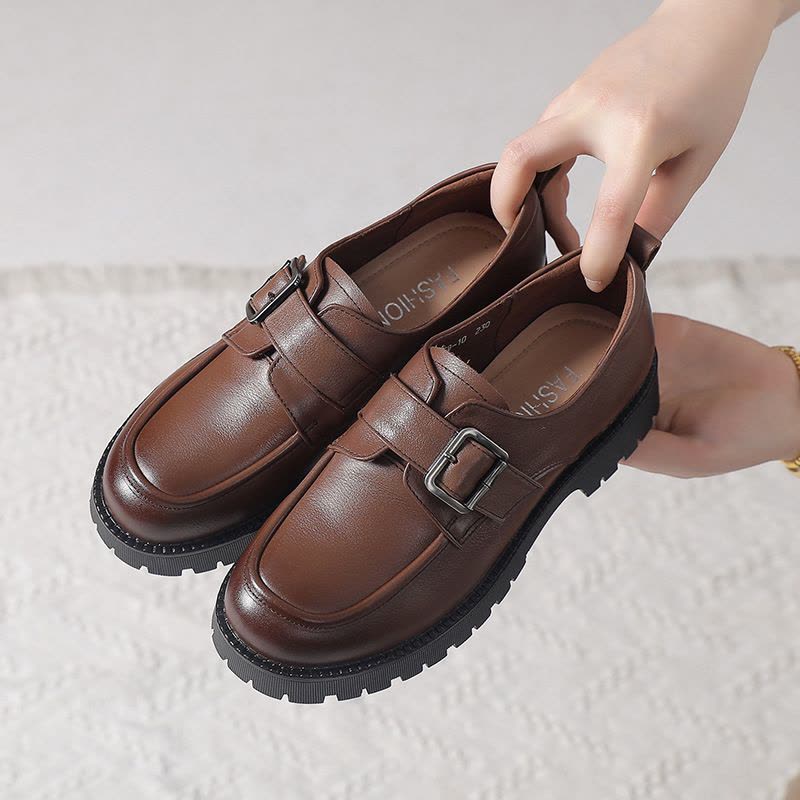 真皮英伦风小皮鞋女2025春新款厚底软底小码复古百搭皮带扣乐福鞋图片