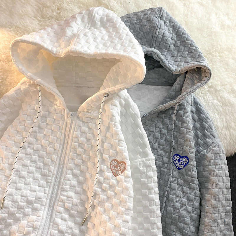 华夫格外套oversize美式宽松bf慵懒风灰色卫衣连帽棒球服女春秋装
