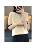秋季新款韩版羊毛圆领短袖女拼接宽松休闲百搭针织短款打底衫半袖
