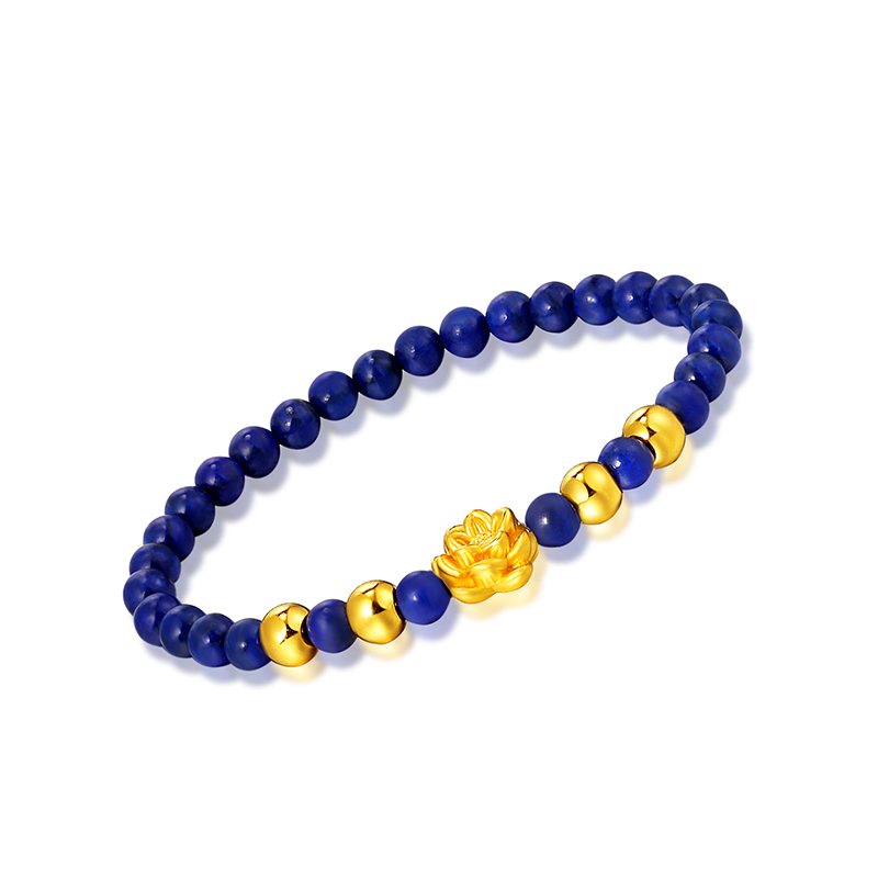 黄金码头 3d硬金999足金莲花金珠青金石手串黄金转运珠手链首饰
