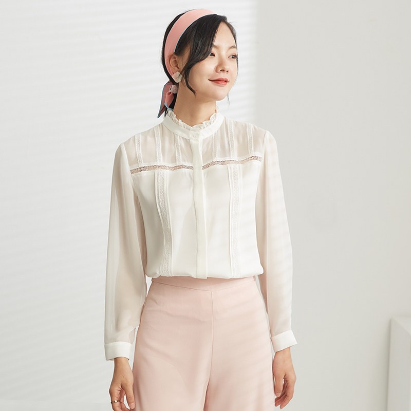 金菊真丝衬衫女2020春季新款蕾丝长袖气质衬衣洋气纯色上衣女