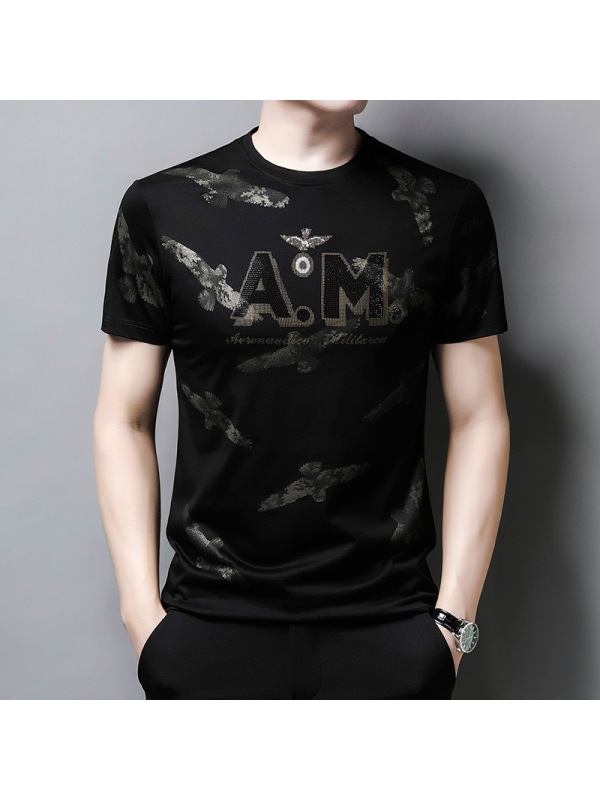 Ceen Bulled韩版男装 夏季男式T恤 短袖圆领大码体恤丝光棉烫钻 地摊