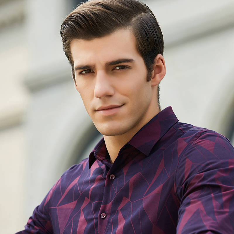 才子男装保暖长袖衬衫男秋季新品创意几何印花百搭修身保暖加厚商务