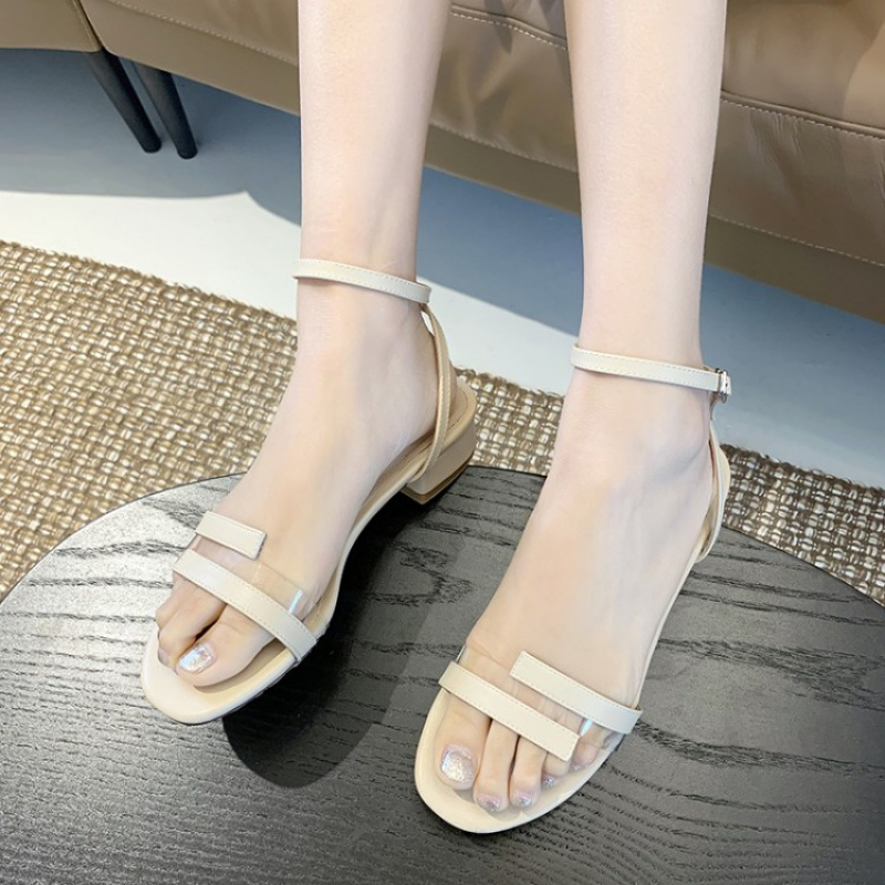 tiauny大码女凉鞋4143低跟40裸色透明一字带矮跟露趾夏季2019新款百搭