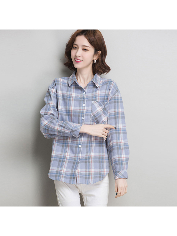 恒源祥女士衬衫2020秋款格子衬衫女棉洋气全棉宽松衬衣