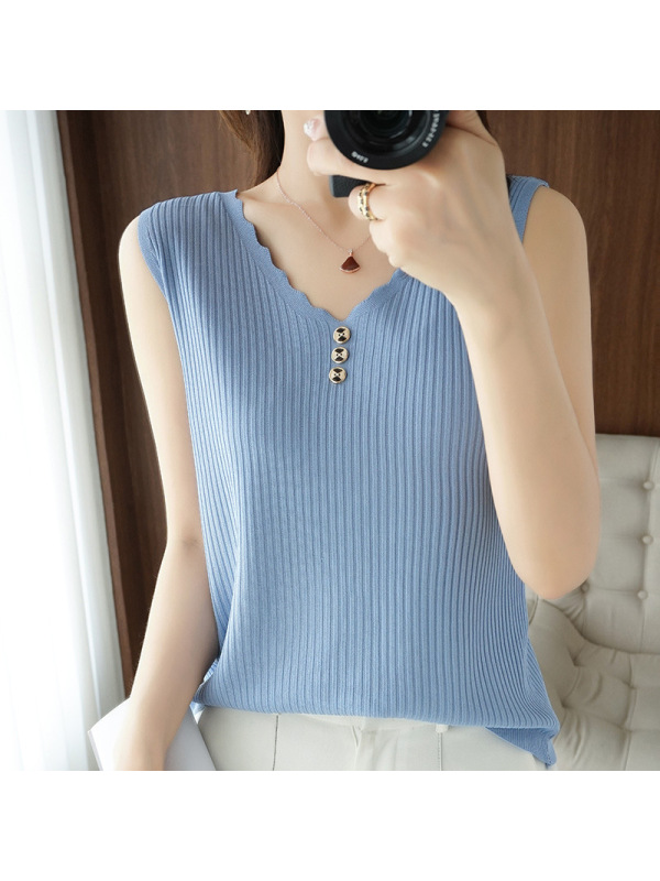 夏季新款v领女冰丝吊带背心无袖针织衫上衣曲珠修身短袖打底上衣