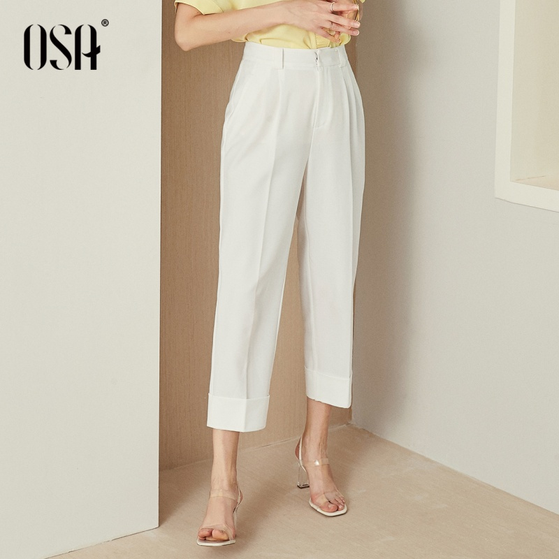 OSA欧莎2019新款夏休闲裤女高腰白色裤子薄款宽松显瘦九分裤