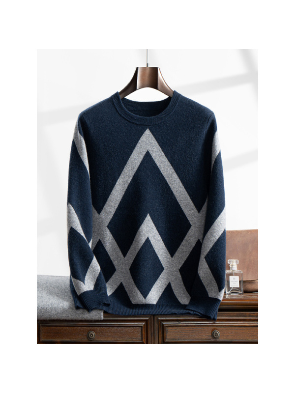 秋冬新款男士圆领山羊绒衫套头长袖毛衣提花拼色休闲针织上衣