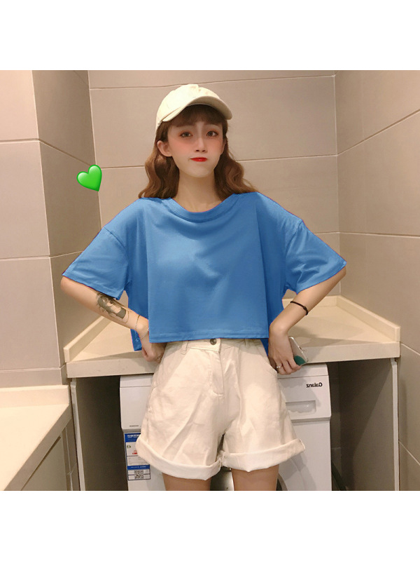 夏季短袖T恤女韩版学生慵懒风bf宽松纯色个性港味短款露脐上衣女