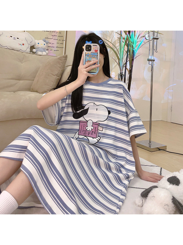 睡裙女夏季可爱棉质短袖中长款连衣裙子夏天年新款睡衣家居服