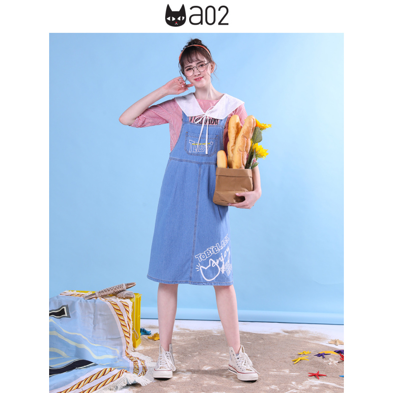 a02新款2020减龄学院风娃娃领卡通印花条纹衬衫女潮DTV2D0051BL