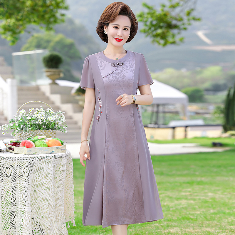 jusen shayu国风妈妈装连衣裙时尚中年夏装女短袖新款中老年裙子