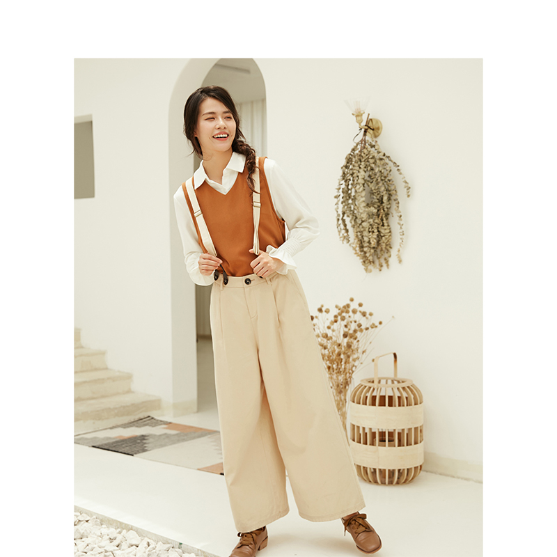 茵曼学院风复古背带裤女文艺英伦阔腿裤女高腰显瘦百搭直筒长裤