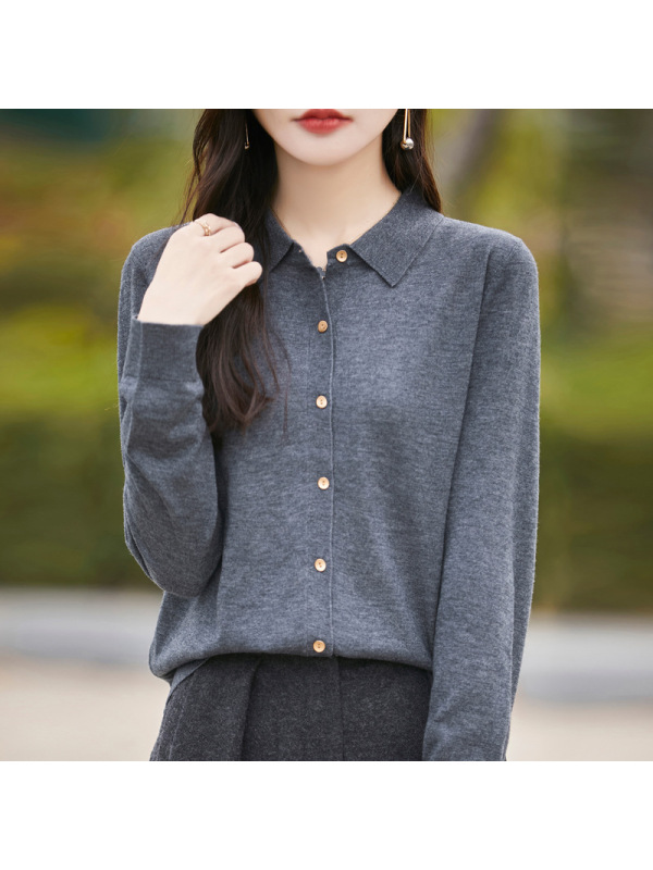 春秋精纺羊毛Polo领针织开衫女长袖翻领外套宽松显瘦软糯打底上衣