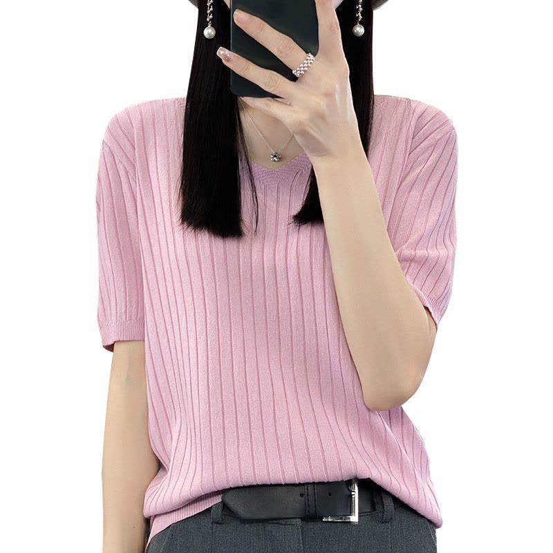 新款夏季V领冰丝短袖针织衫女式宽松T恤衫纯色薄款上衣图片