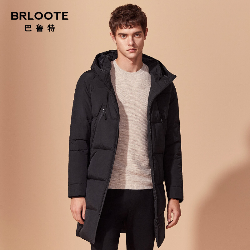 Brloote/巴鲁特羽绒服男中长款加厚羽绒衣2019冬季连帽时尚休闲保暖外套 黑色
