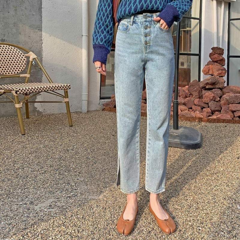 OtherMix九分牛仔裤情人节系列女2021年新款高腰直筒开叉浅色裤子