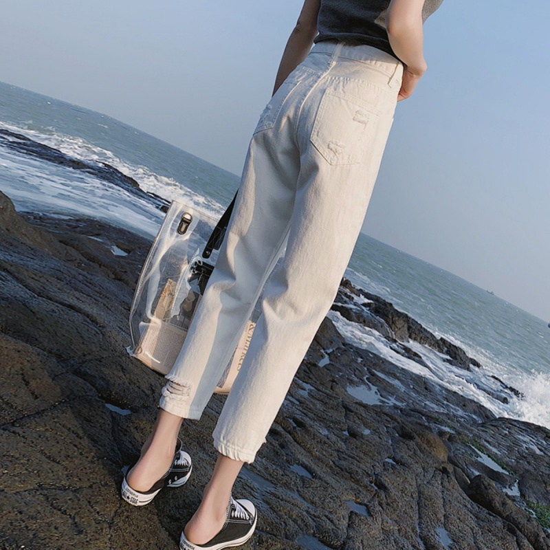 如熙破洞牛仔裤女宽松九分阔腿老爹裤cec直筒萝卜