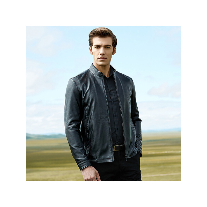 才子男装夹克男秋冬纯色立领时尚拼接商务休闲pu皮衣夹克外套男黑色1