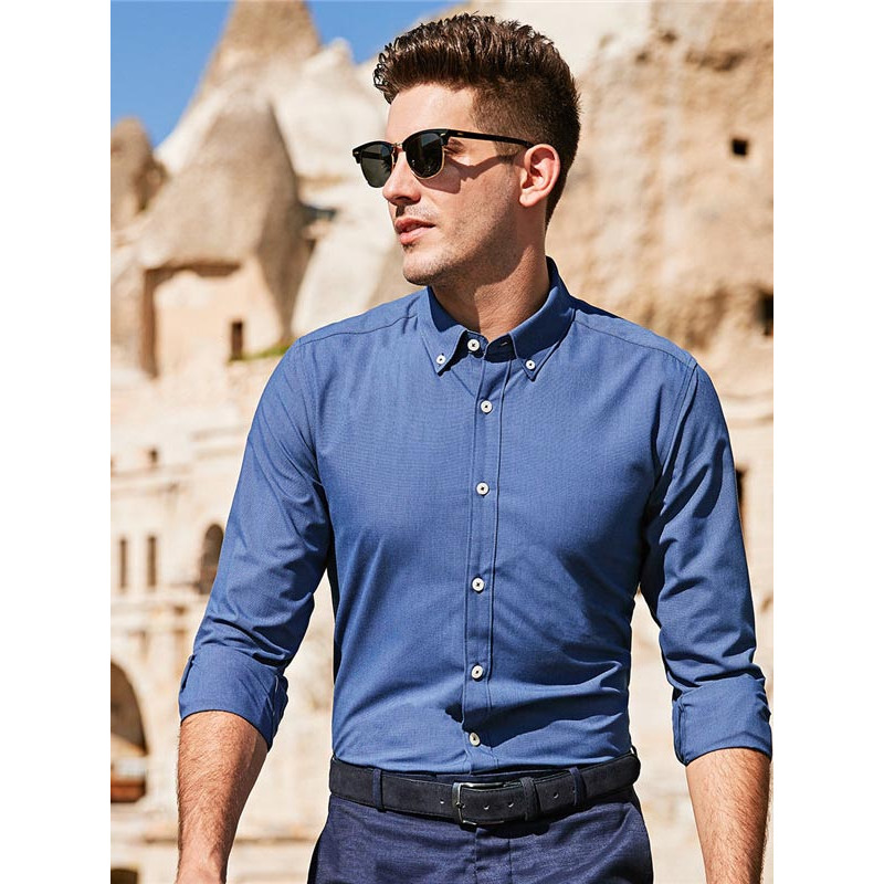 自营enk长袖衬衫纯色休闲带扣领男士长袖衬衫视频