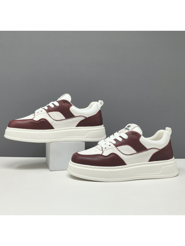 男生头层牛皮拼色板鞋男款潮鞋真皮欧洲站透气男士厚底增高休闲鞋