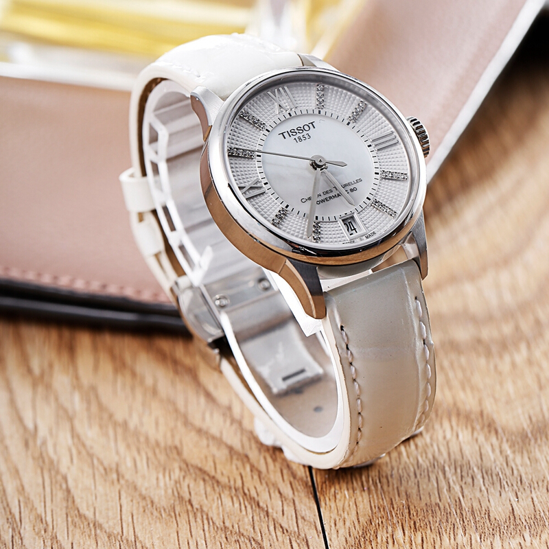 天梭tissot杜鲁尔系列自动机械时尚商务休闲皮带女士手表t