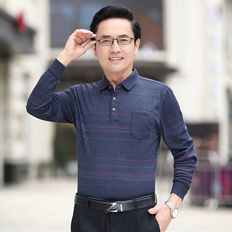 秋季真口袋商务休闲宽松版爸爸装长袖简约条纹T恤男中年polo衫