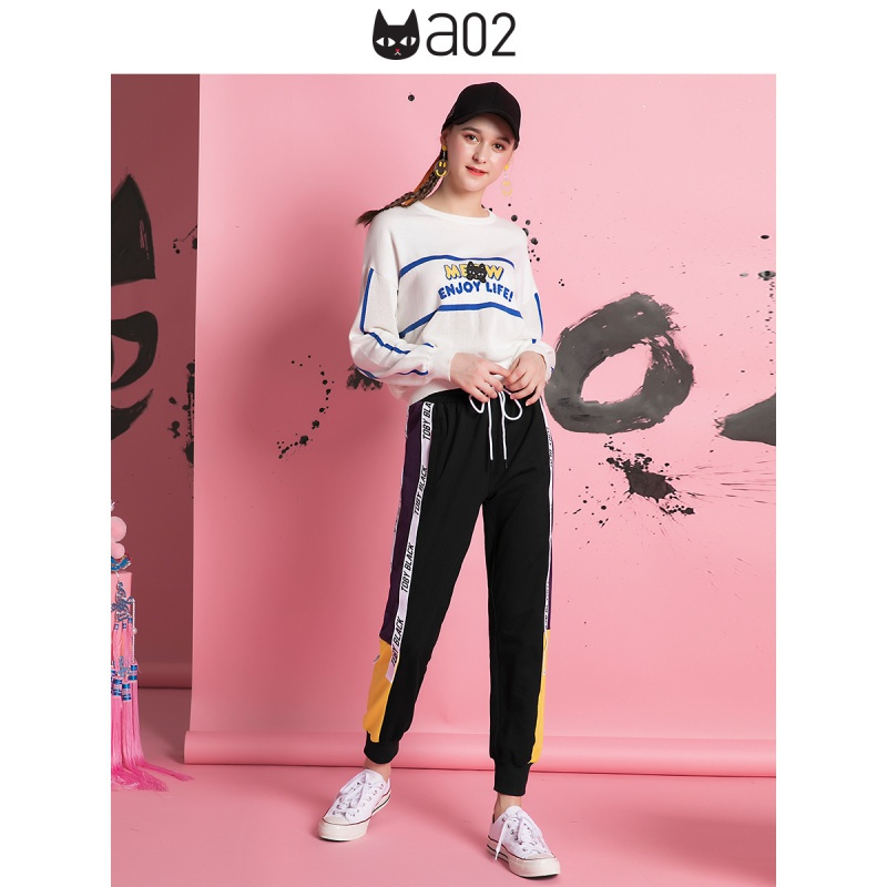 a02新款潮流撞色拼接字母织带运动裤束脚休闲裤女DTU5A0261PN