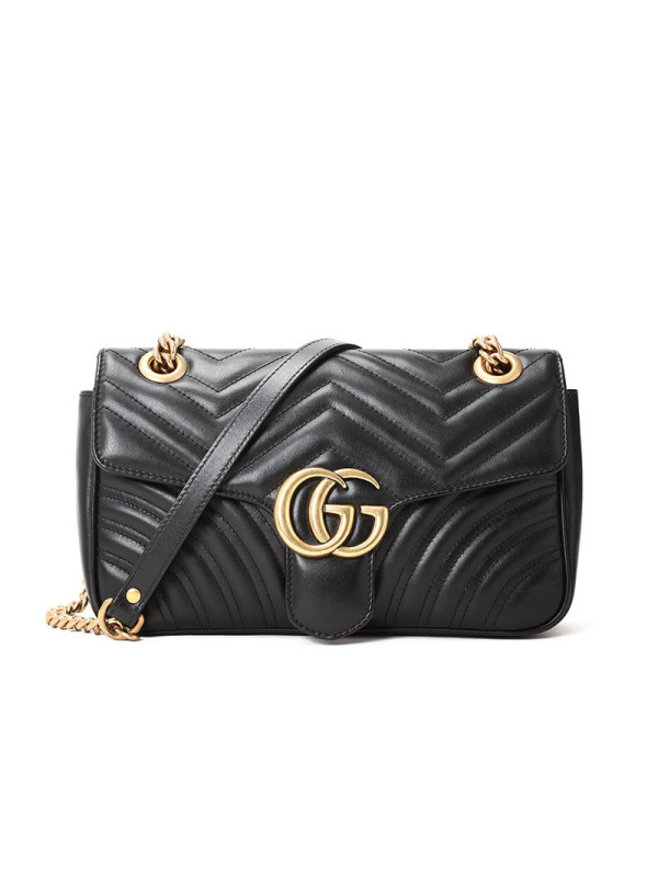 预售GUCCI 古驰 GG Marmont 皮拼链条包 单肩包 斜挎包 小号 双G饰扣绗缝皮