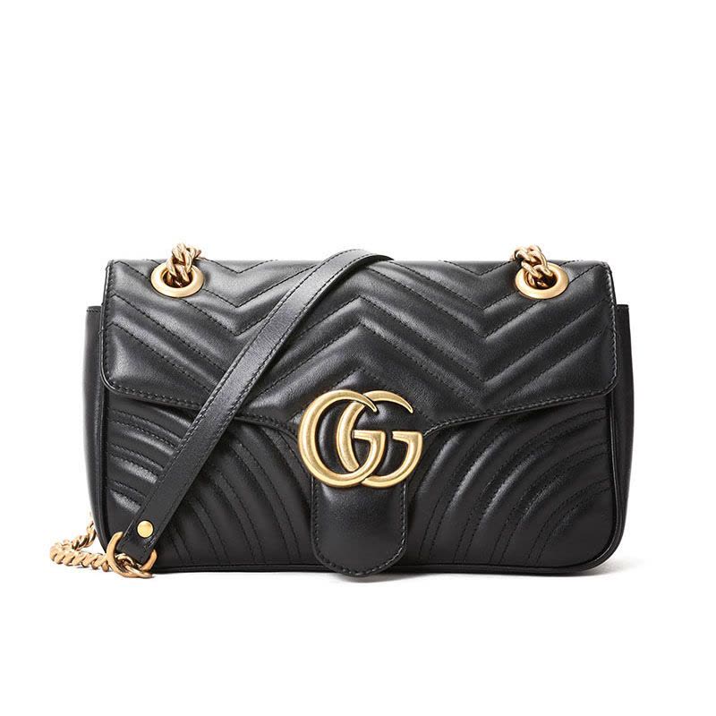 预售GUCCI 古驰 GG Marmont 皮拼链条包 单肩包 斜挎包 小号 双G饰扣绗缝皮图片