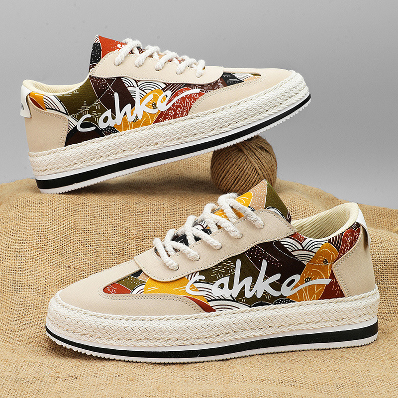 春季板鞋皮革拼接字母彩色休闲运动鞋低帮系带新款厚底草编男鞋