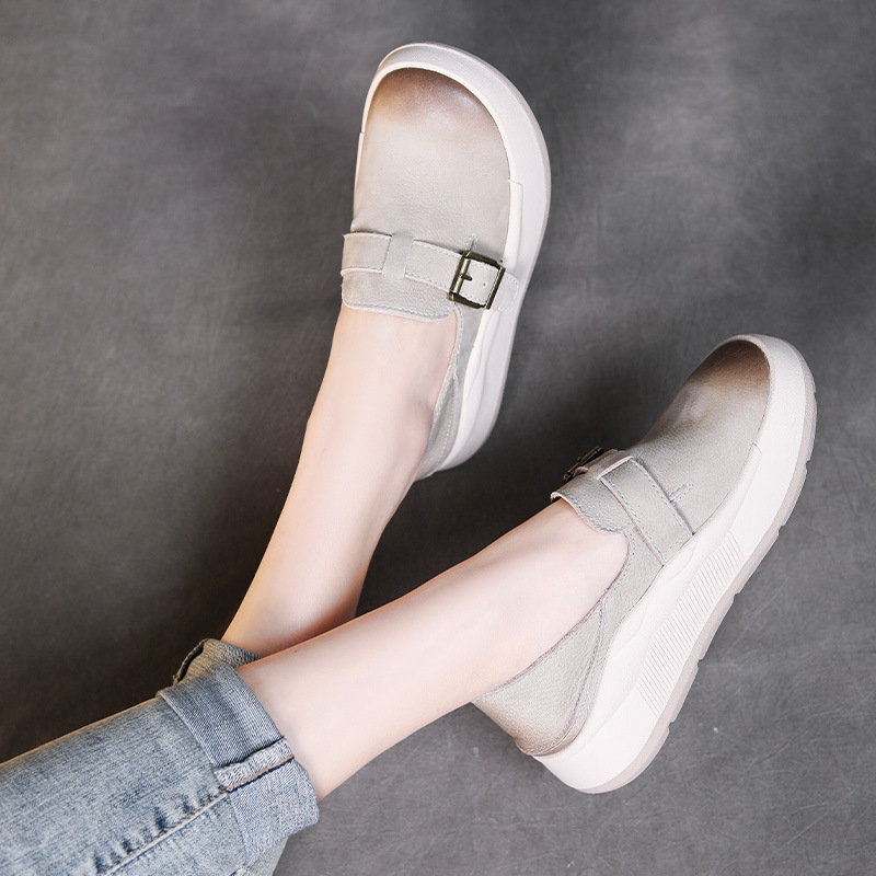 厚底勃肯鞋头层牛皮休闲鞋女平底单鞋春季一脚蹬丑萌软底女鞋