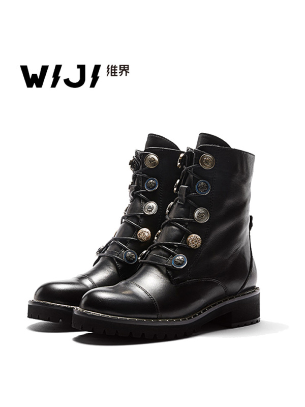 WIJI秋冬季新款时尚加绒马丁靴休闲英伦复古中筒女靴子个性绑带潮