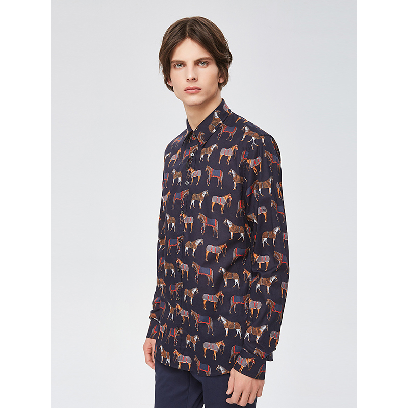 gucci古驰古奇藏青色骏马图案印花长袖男士衬衫391521