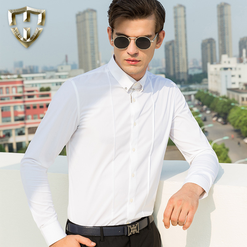 莫畏男装春季新品休闲纯色免烫抗皱衬衣修身男士长袖衬衫