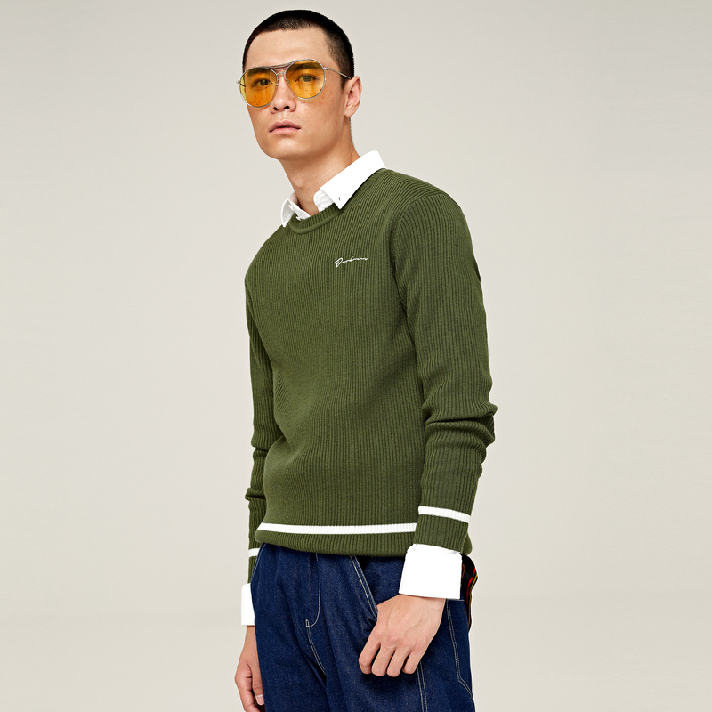 gxg男装秋季男士时尚青年都市潮流毛衣绿色修身圆领毛衫针织衫男