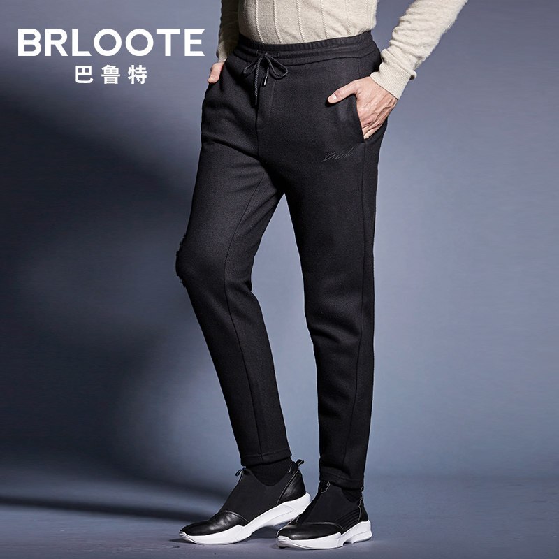 Brloote/巴鲁特男士羊毛针织九分裤男小脚休闲裤弹力修身裤子秋冬 黑色