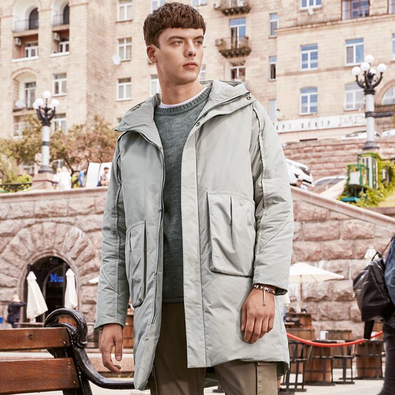千纸鹤中长款羽绒服男2019冬装韩版保暖外套潮连帽工装大衣60208