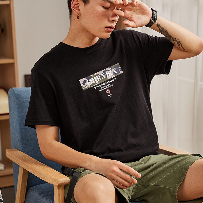唐狮短袖T恤男2019夏装新款印花圆领纯棉体恤学生宽松半袖衣服潮