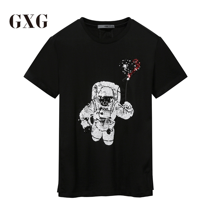 GXG短袖T恤男装 夏季男士时尚休闲修身青年流行黑色圆领短袖T恤男