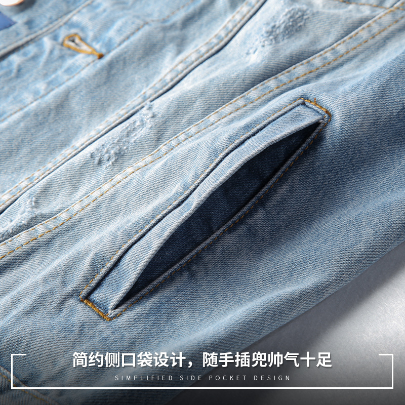皮尔卡丹（pierre cardin）牛仔夹克男 经典水洗磨白型酷刮痕做旧男士个性夹克外套