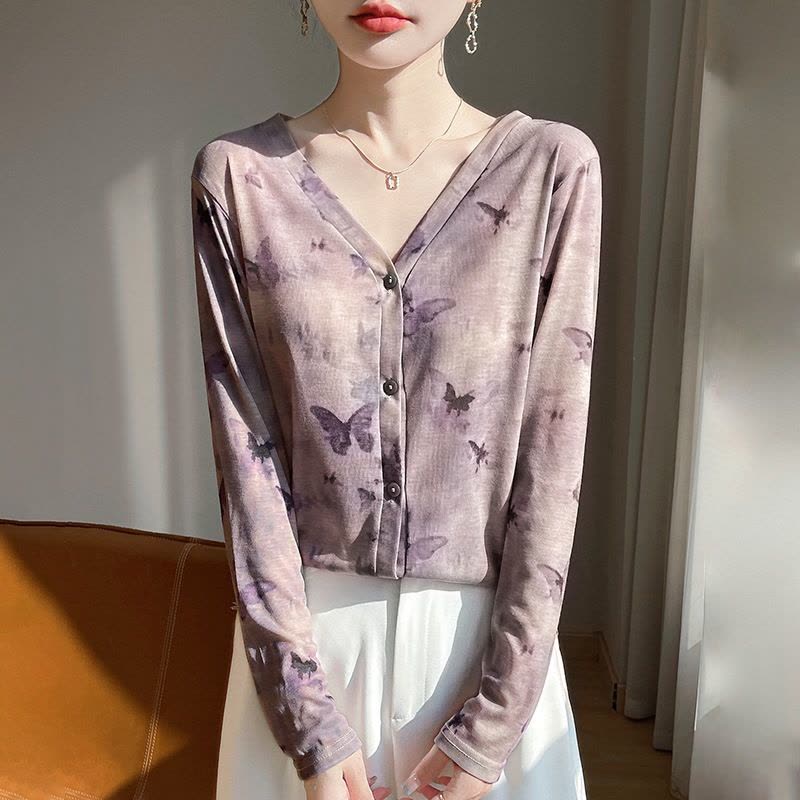 文艺水墨晕染针织衫女V领精纺天丝防晒长袖春秋叠穿内搭打底衫图片