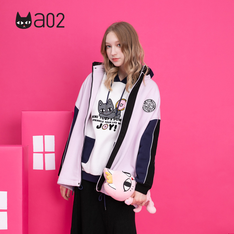 a02新款潮流卡通印花撞色拼接拉链秋冬加绒外套女DTU6D0191KC