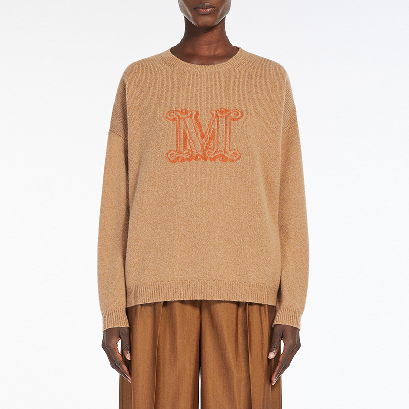 麦丝玛拉 Max Mara 女士山羊绒驼色M徽标提花宽松版圆领长袖针织衫羊绒衫毛衣EDO