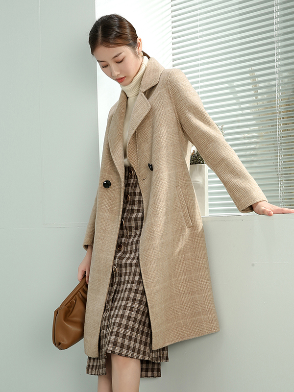 汤尼保罗气质格纹中长款羊毛大衣浅卡其色