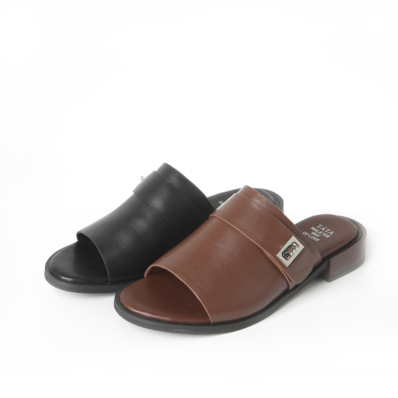 tata/他她夏季棕色牛皮时尚休闲女皮凉拖鞋2by29bt7