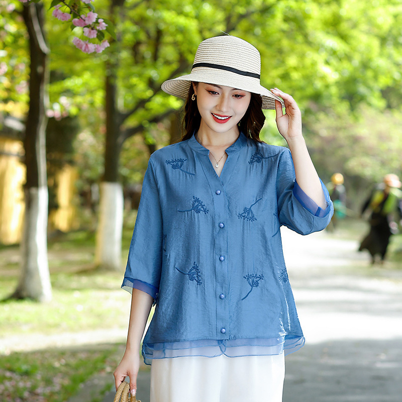Jusen Shayu新款女装中老年妈妈装上衣气质纱网女装中年小衫60岁