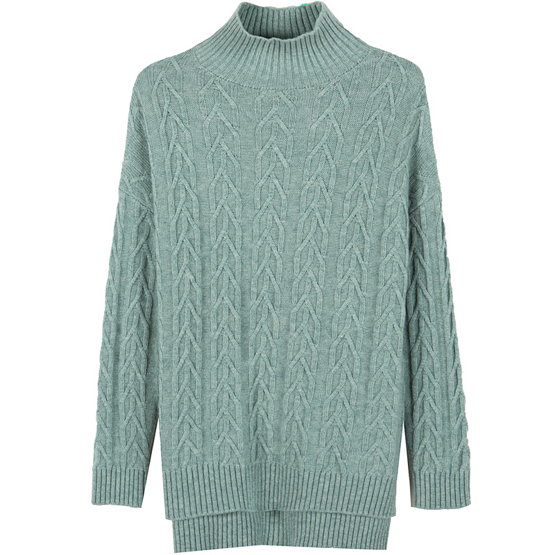 恒源祥羊毛衫女高领宽松冬针织衫粗毛线绞花落肩袖中长款开叉毛衣