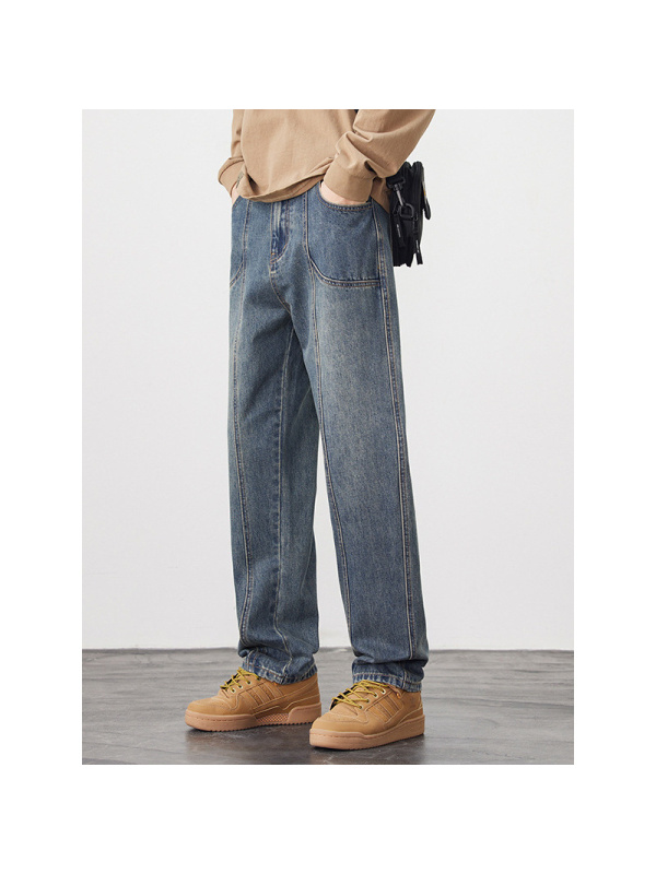 男装早春通勤宽松拼接潮牌百搭青年高街男士直筒牛仔裤易打理
